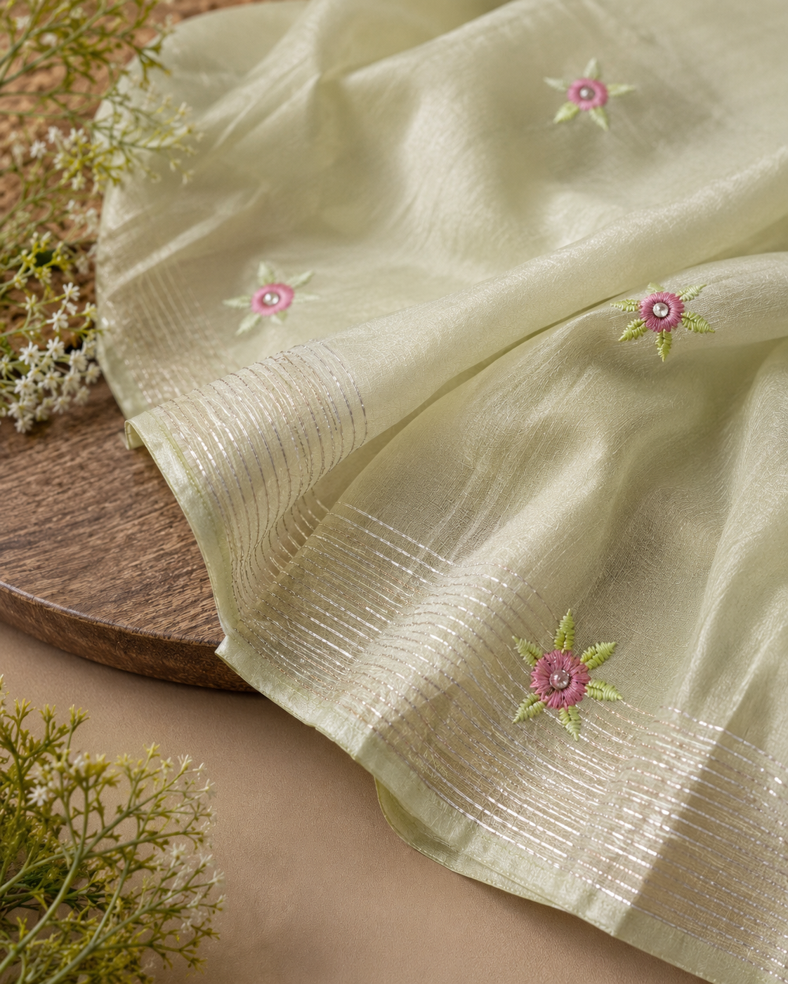 Designer Silk Mul Cotton 3-Piece Suit Set with Handcrafted Floral Yoke & Pant Pocket