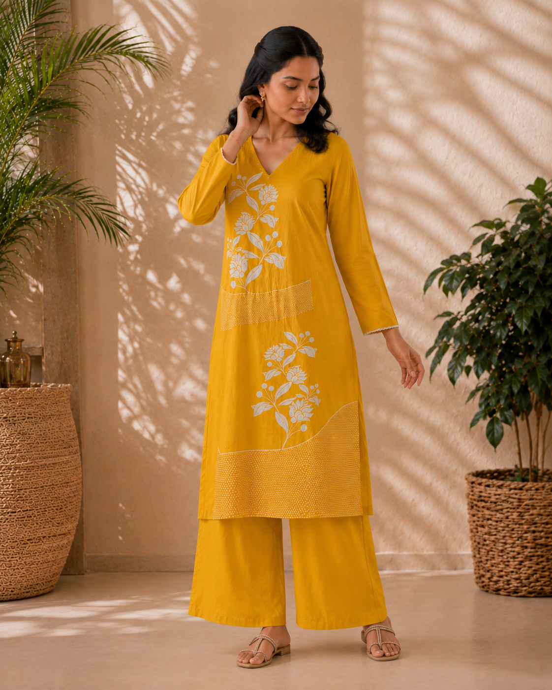 Sunshine Mustard Yellow Pure Cotton 3-Piece Kurti Set