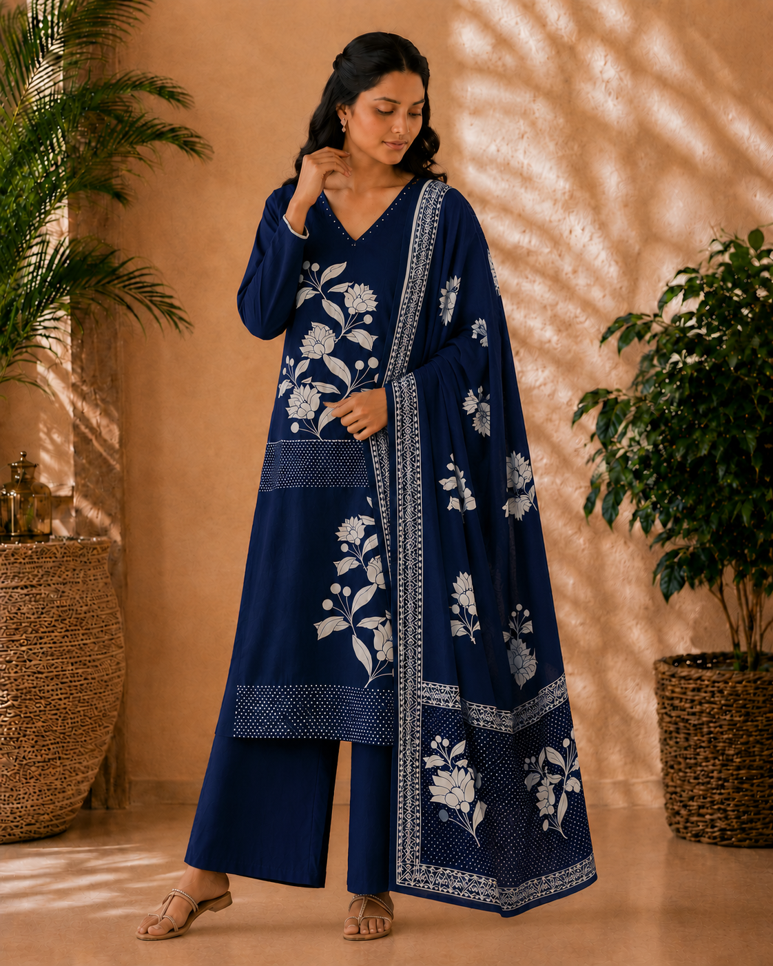 Dark Indigo Blue Pure Cotton 3-Piece Kurti Set