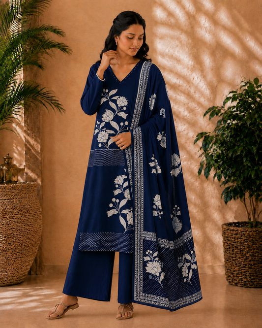 Dark Indigo Blue Pure Cotton 3-Piece Kurti Set