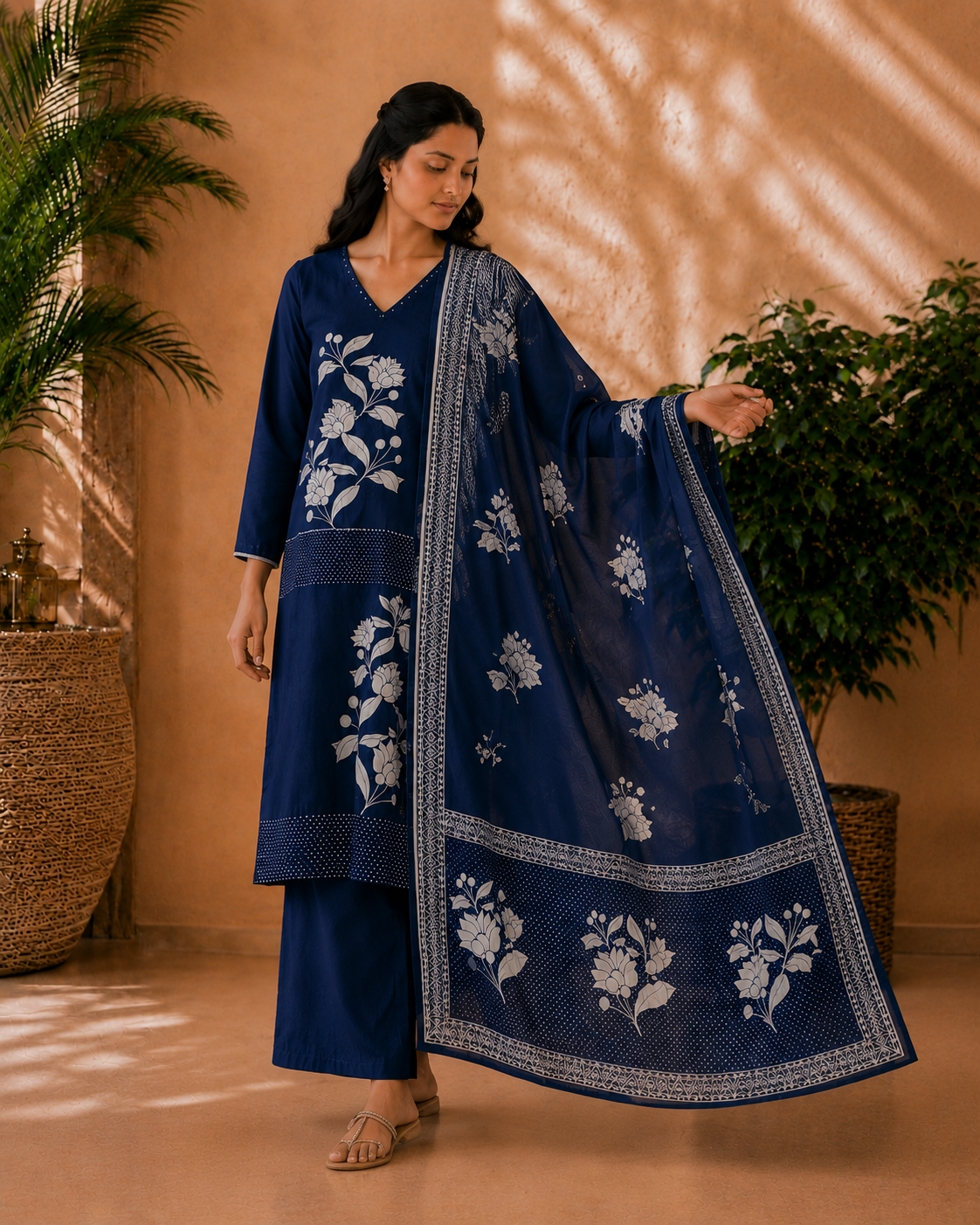 Dark Indigo Blue Pure Cotton 3-Piece Kurti Set