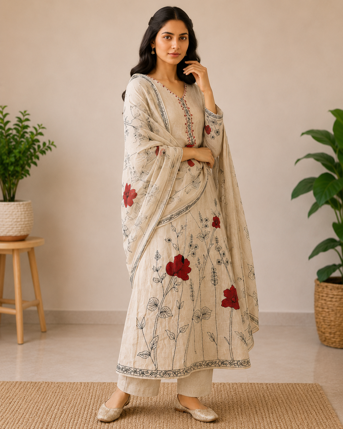 Designer Khadi Linen Floral Printed 3-Piece Kurti Set