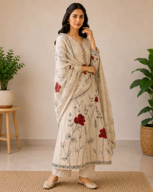 Designer Khadi Linen Floral Printed 3-Piece Kurti Set