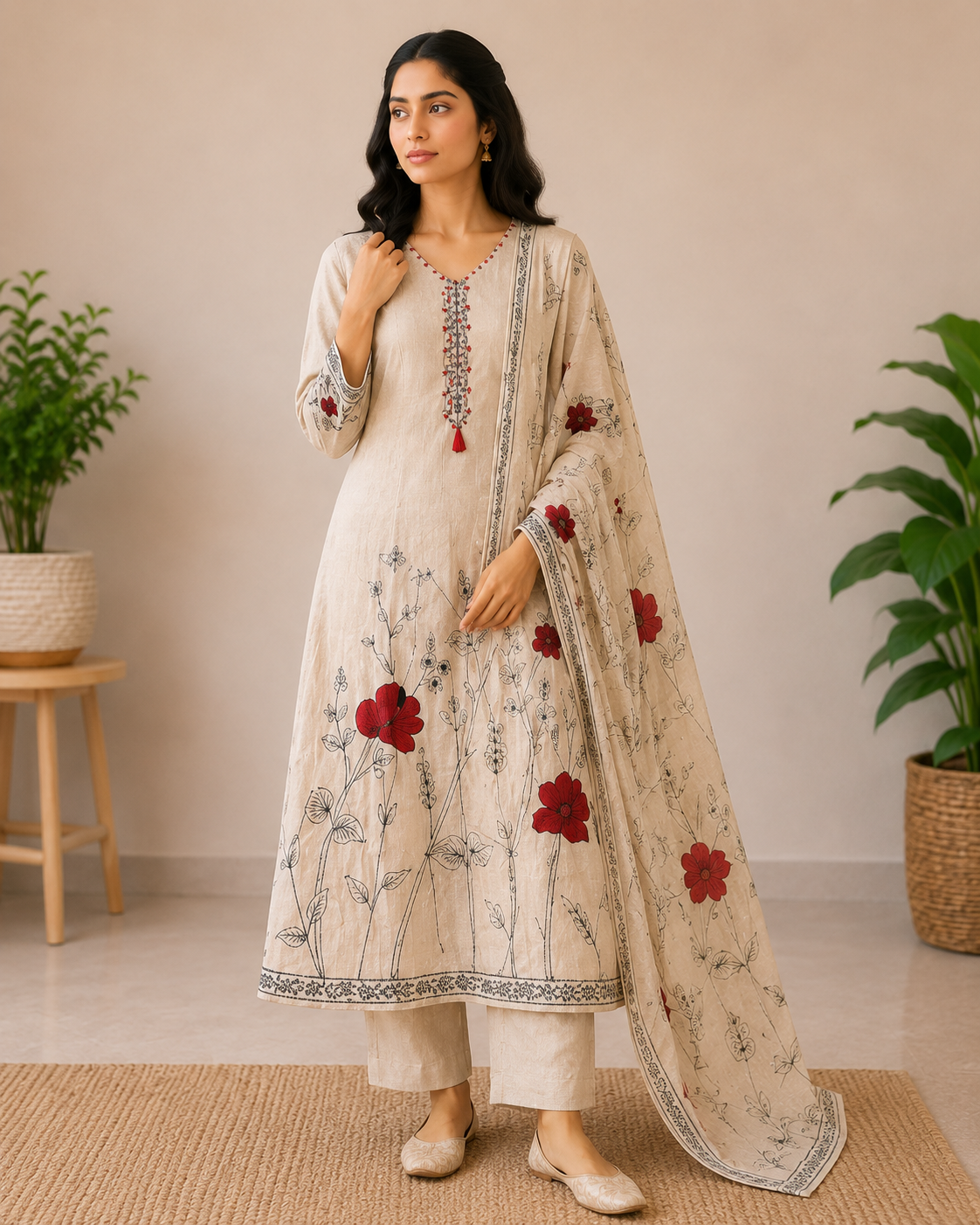 Designer Khadi Linen Floral Printed 3-Piece Kurti Set