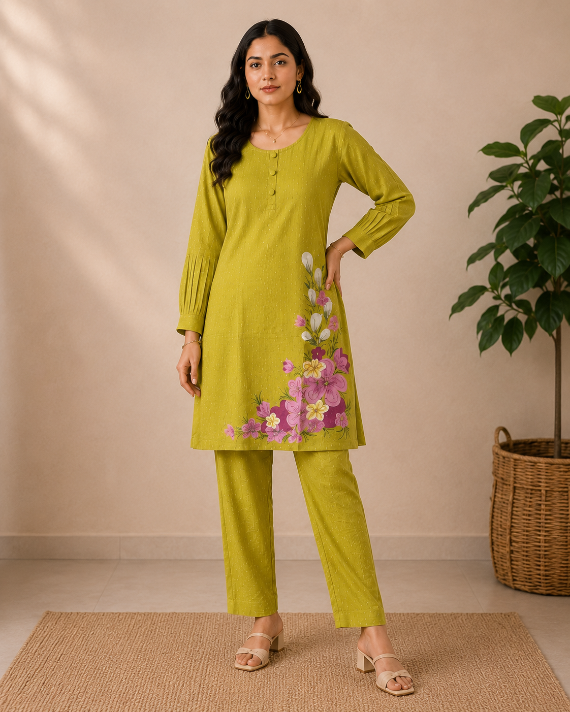 Designer Premium Olive Bloom Mul Cotton 2-Piece Kurti Set