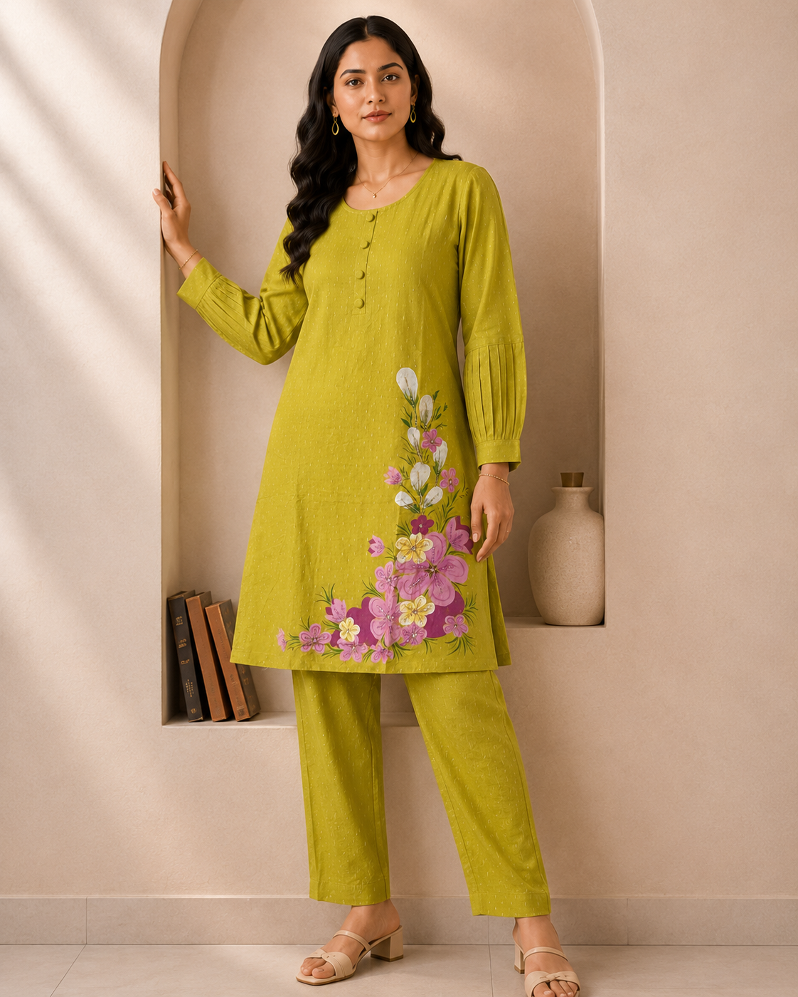Designer Premium Olive Bloom Mul Cotton 2-Piece Kurti Set