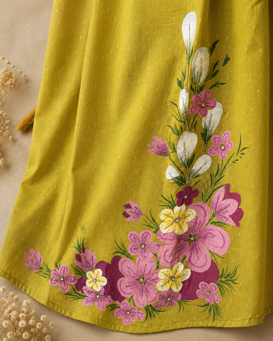 Designer Premium Olive Bloom Mul Cotton 2-Piece Kurti Set