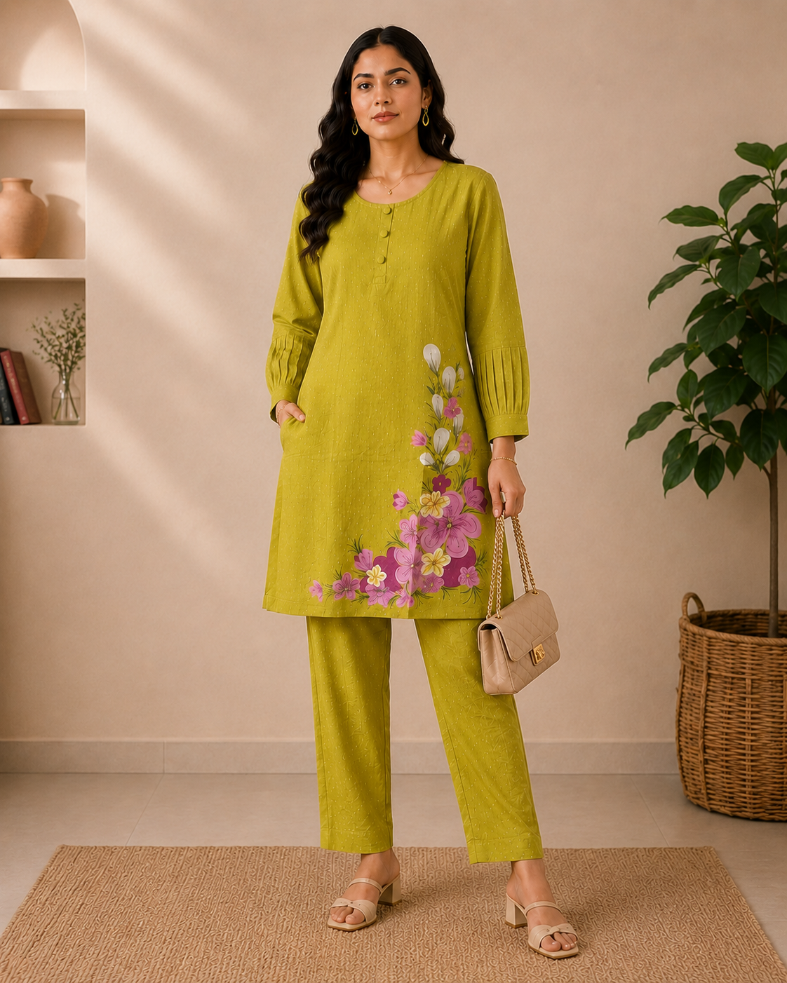 Designer Premium Olive Bloom Mul Cotton 2-Piece Kurti Set