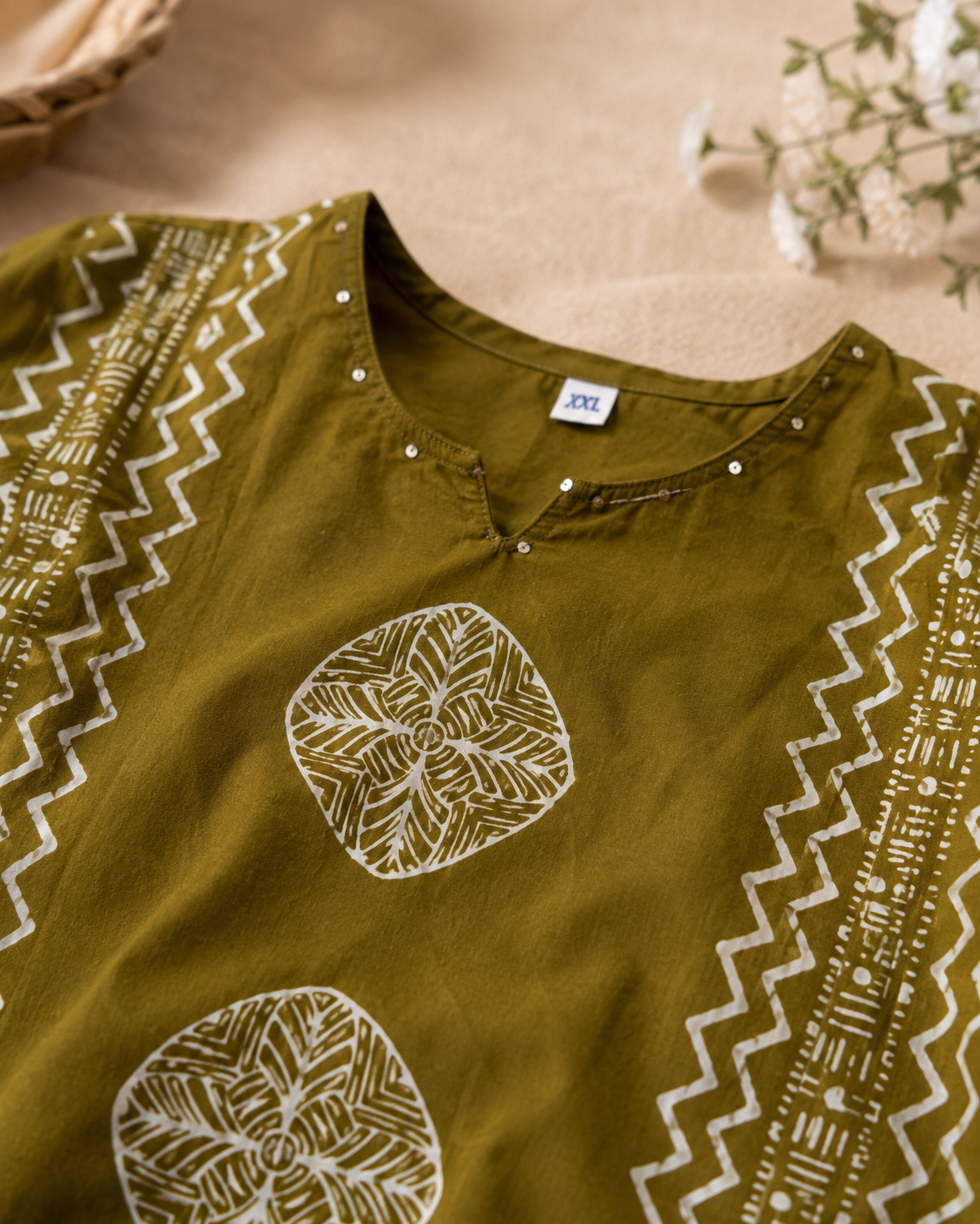 Olive Harmony Handblock Cotton 3-Piece Kurti Set