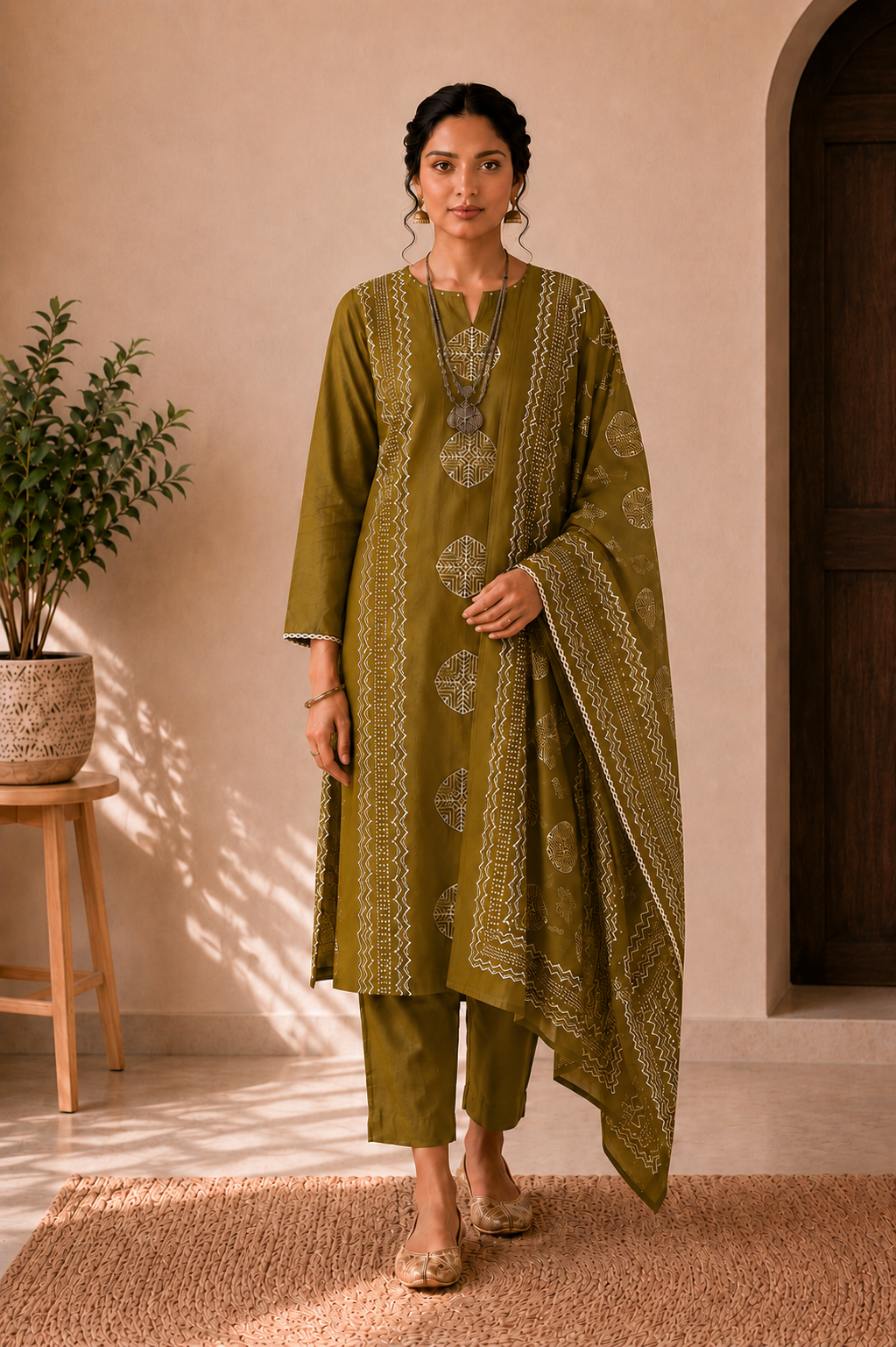 Olive Harmony Handblock Cotton 3-Piece Kurti Set