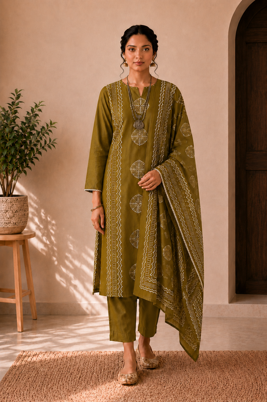 Olive Harmony Handblock Cotton 3-Piece Kurti Set