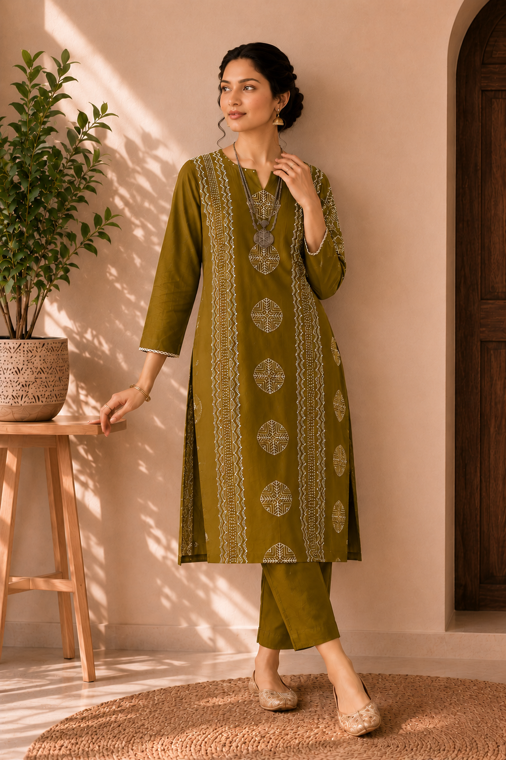 Olive Harmony Handblock Cotton 3-Piece Kurti Set