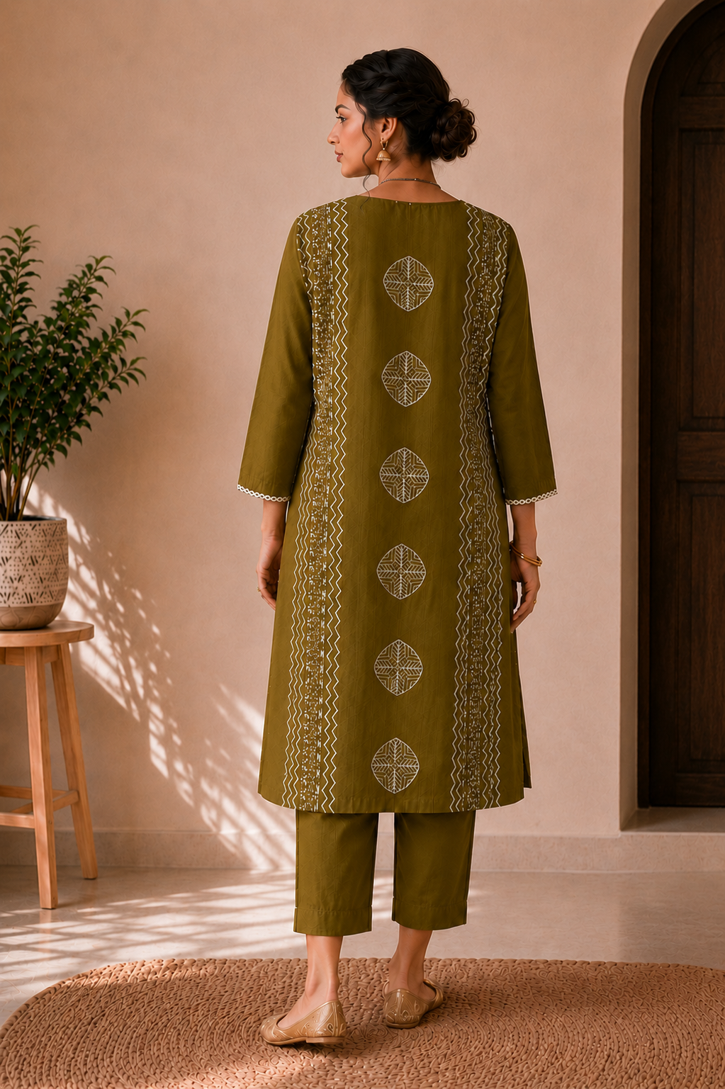 Olive Harmony Handblock Cotton 3-Piece Kurti Set