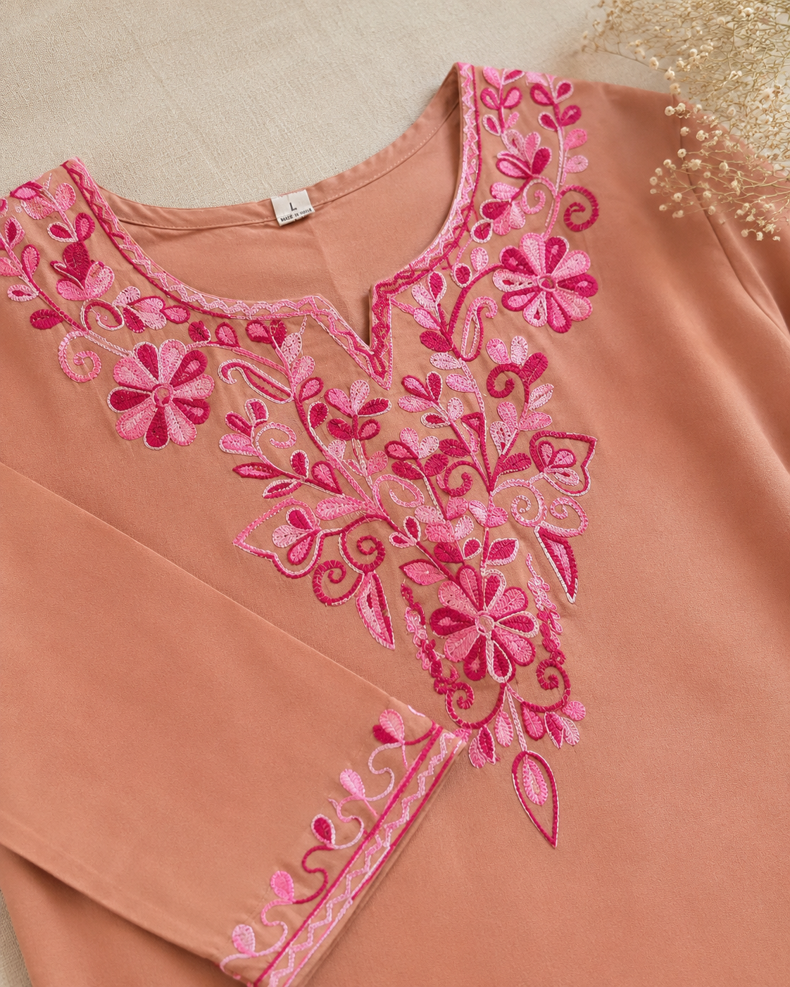 Peach Bloom Rayon Aari Work Co-ord Set