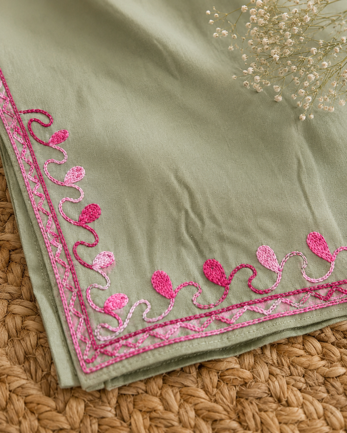 Sage Green Bloom Rayon Aari Work Co-ord Set