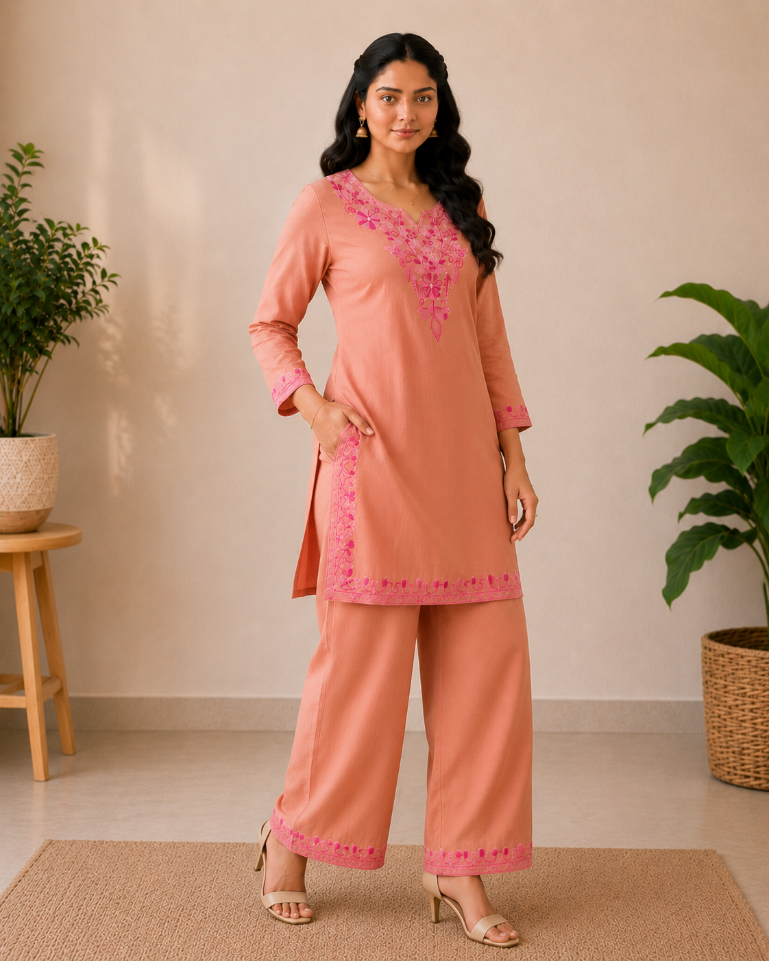 Peach Bloom Rayon Aari Work Co-ord Set