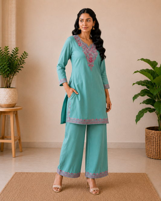 Aqua Blue Rayon Aari Work Co-ord Set