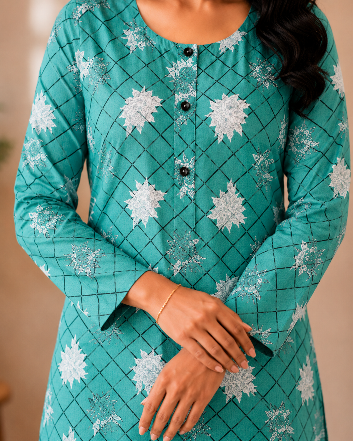 Sea Green Cotton Printed 3-Piece Kurti Set