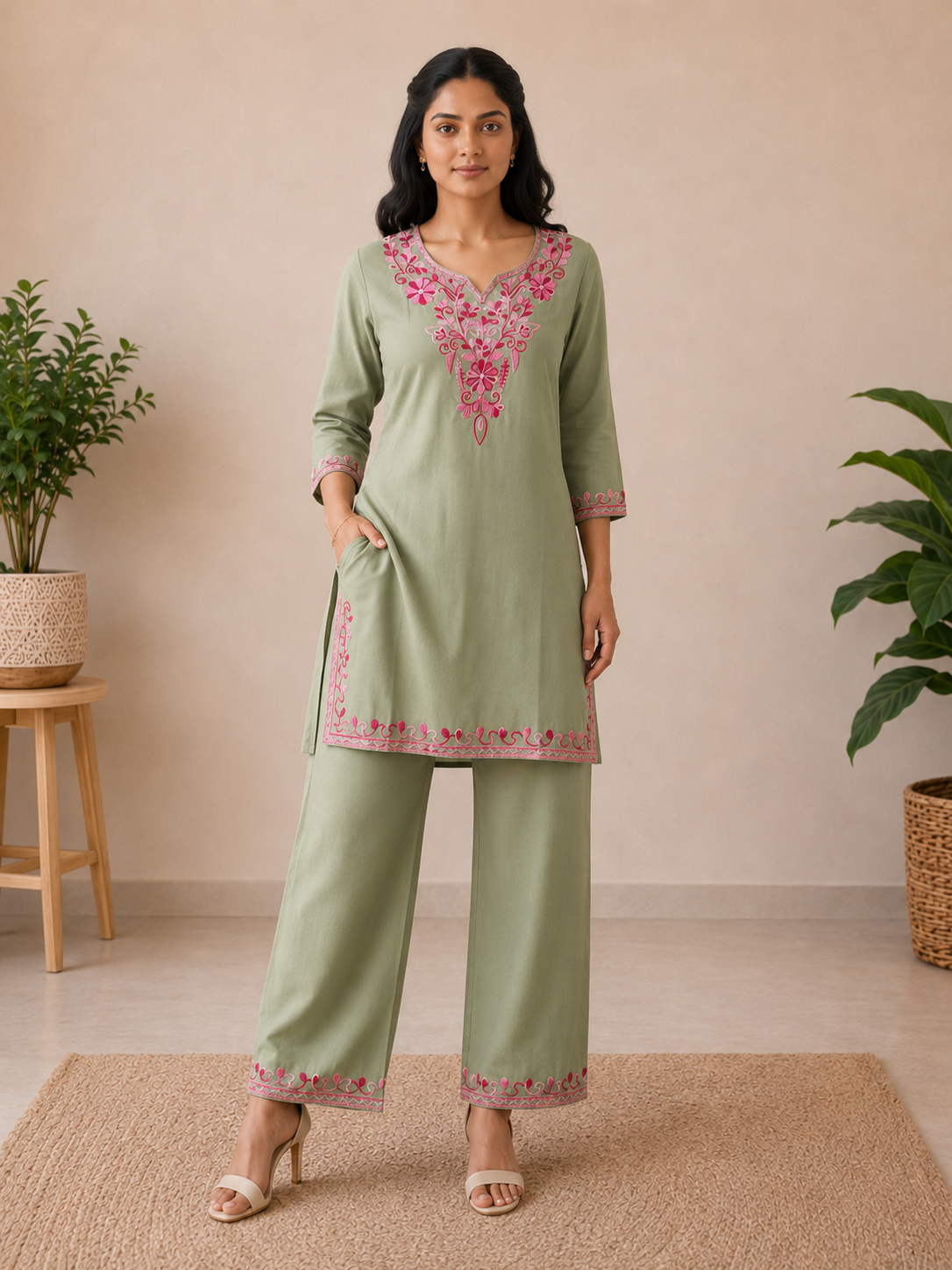 Sage Green Bloom Rayon Aari Work Co-ord Set