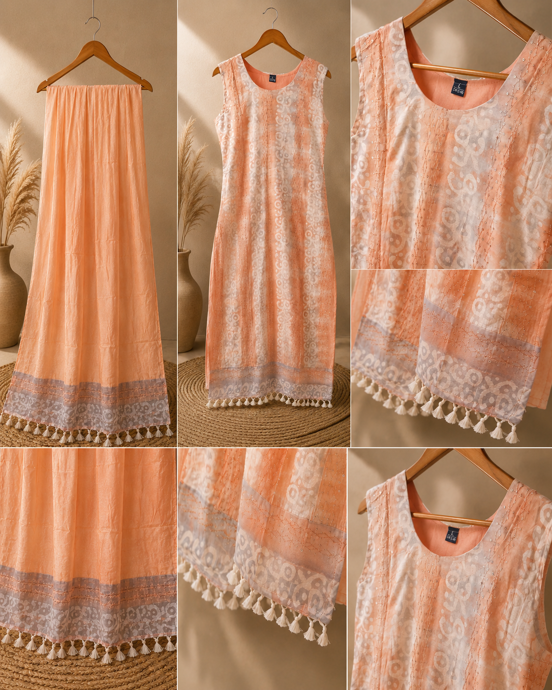 Designer Peach Blossom Pure Cotton Kurti Set | Sleeves Attached