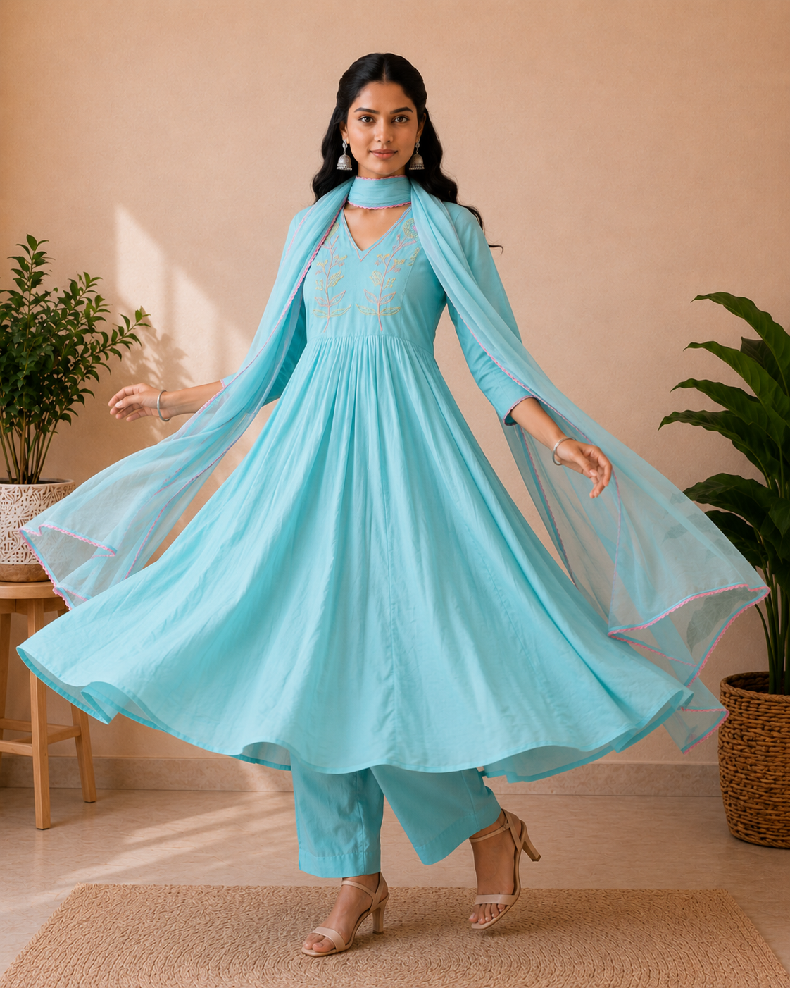 Turquoise Bloom Mul Chanderi 3-Piece Kurti Set