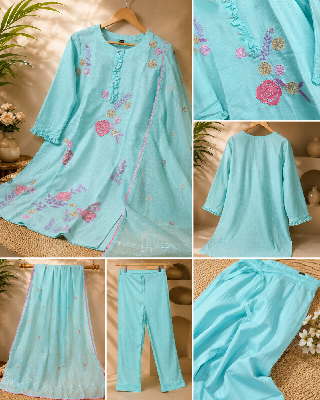 Designer Sky Serenity Mul Chanderi 3-Piece Set