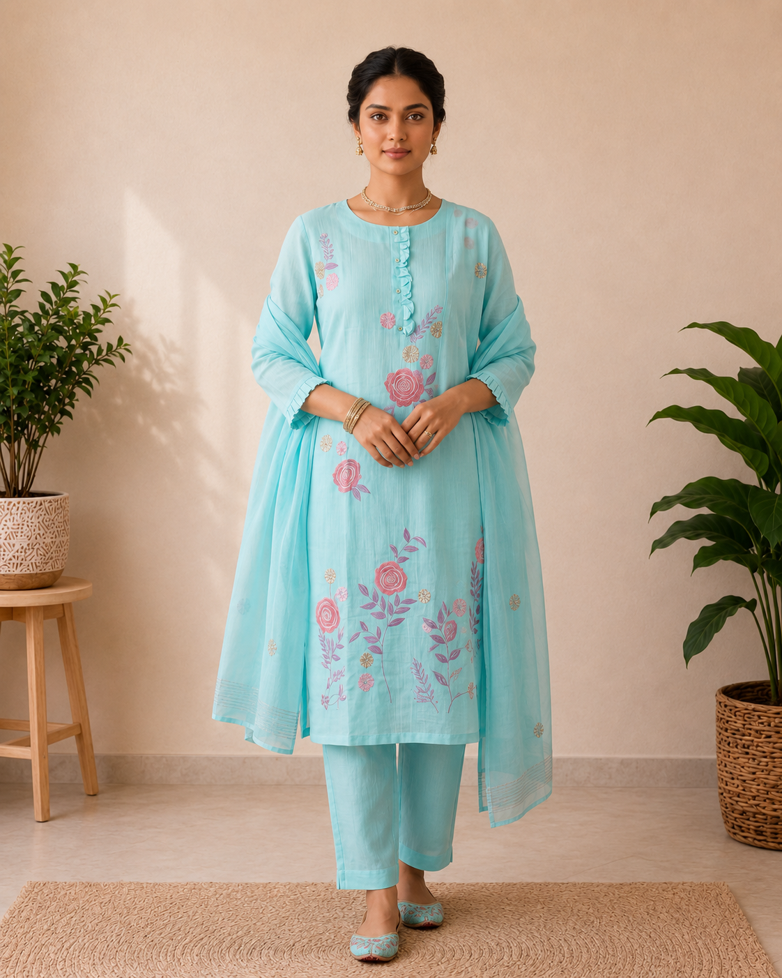 Designer Sky Serenity Mul Chanderi 3-Piece Set