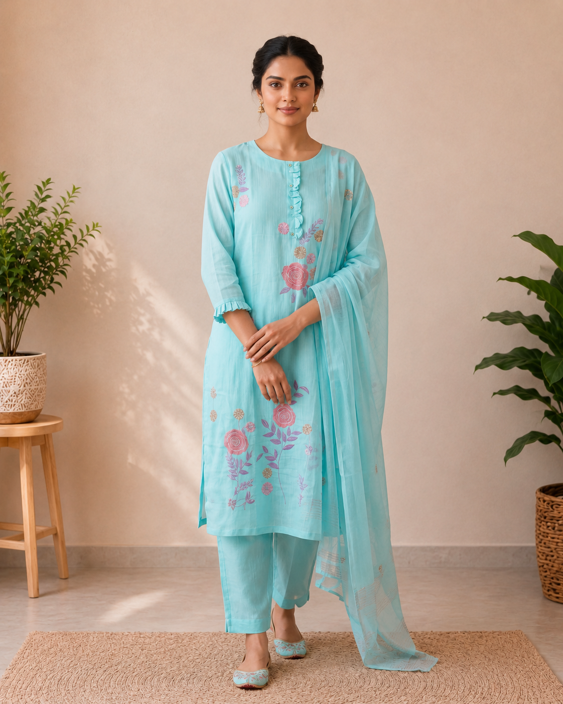 Designer Sky Serenity Mul Chanderi 3-Piece Set