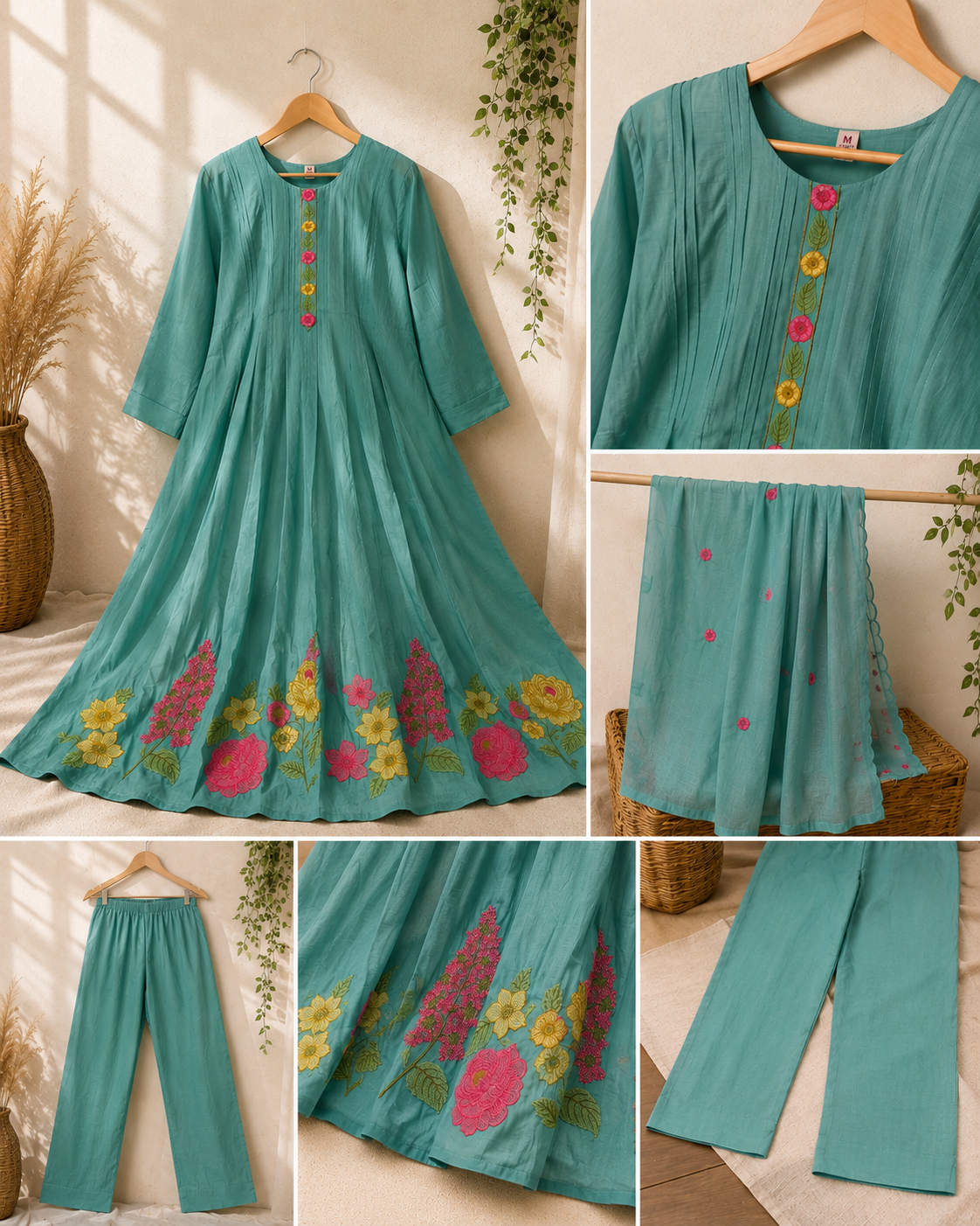 Aqua Blossom Embroidered Mul Chanderi 3-Piece Set