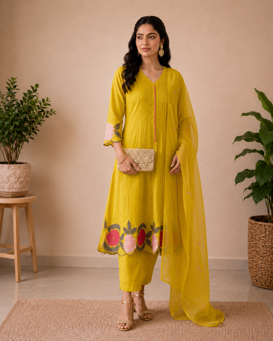 Lime Blossom Yellow Floral Embroidered Kurti Set