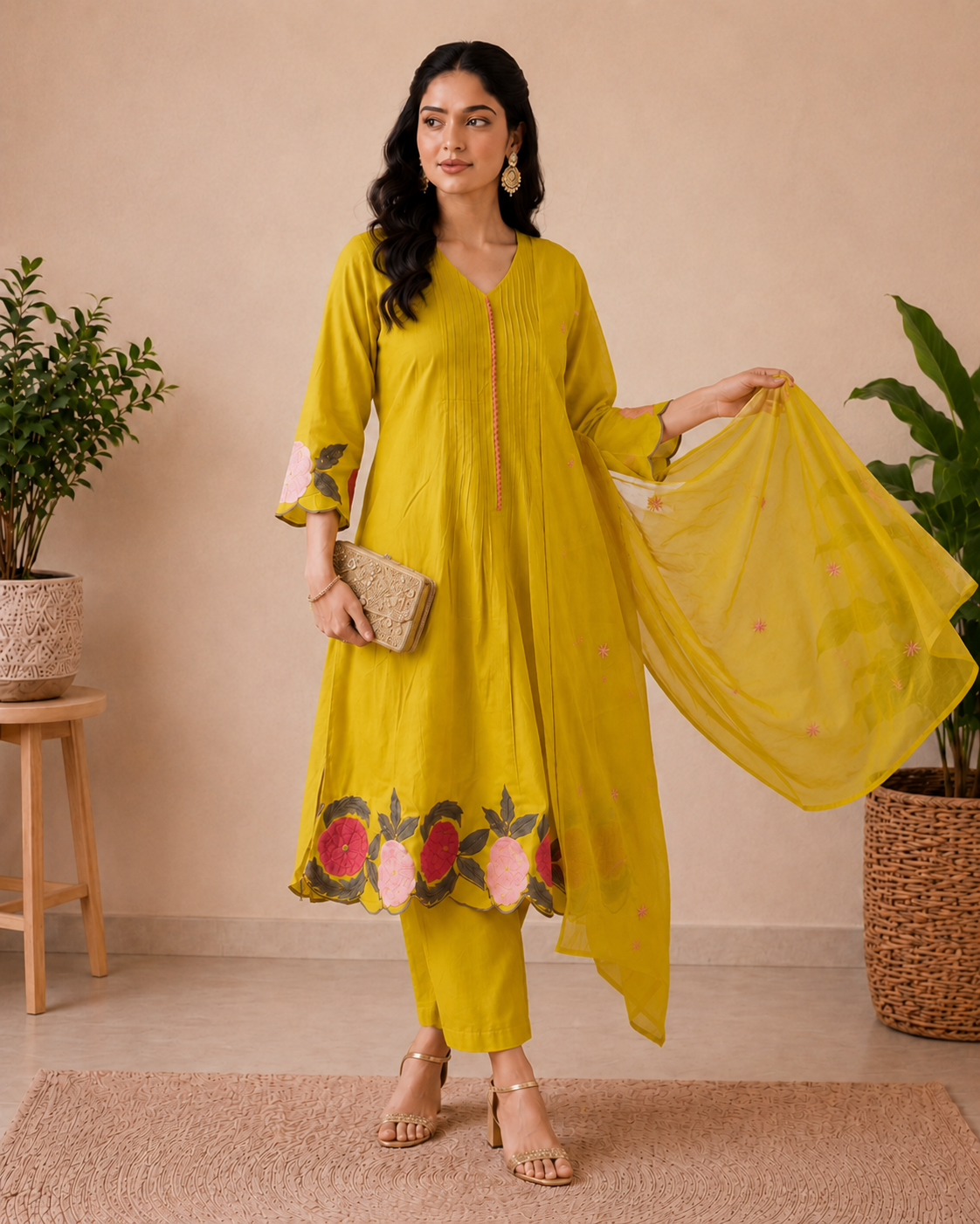 Lime Blossom Yellow Floral Embroidered Kurti Set
