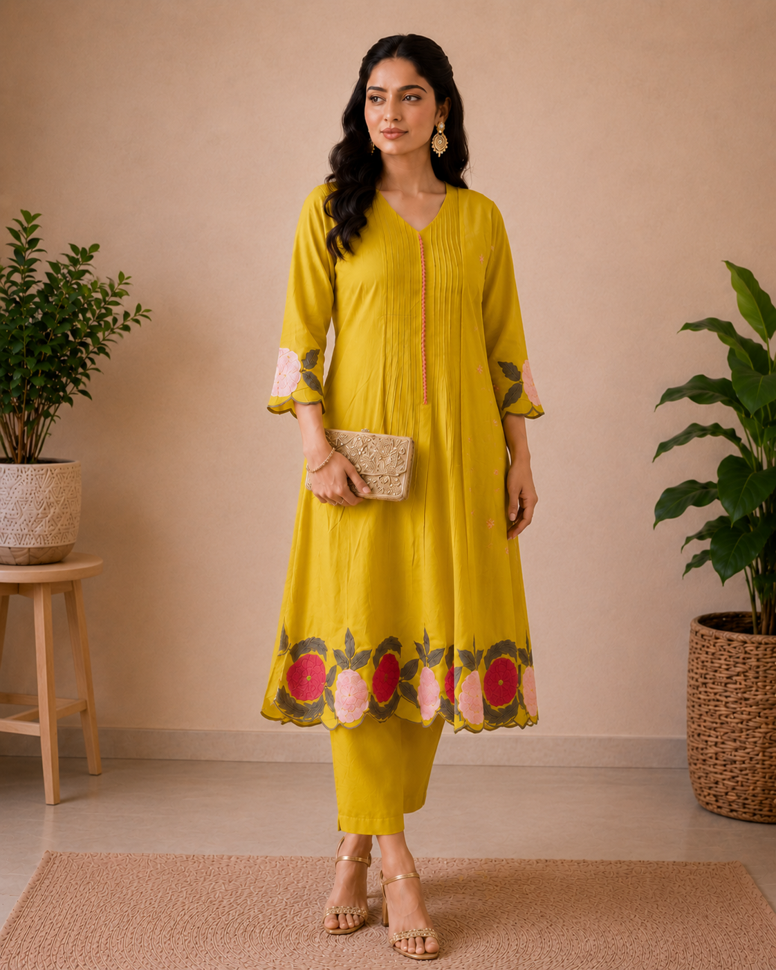 Lime Blossom Yellow Floral Embroidered Kurti Set