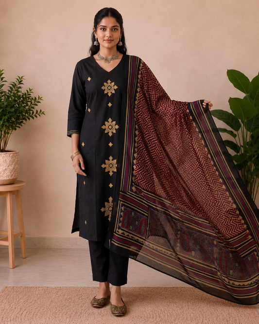 Black Royale Cotton Kurti Set