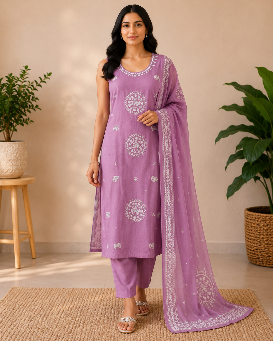 Lavender Elephant Grace Cotton Kurti Set | Sleeves Attached