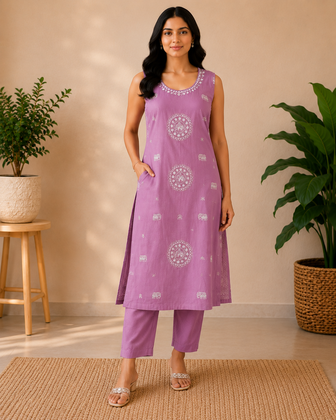 Lavender Elephant Grace Cotton Kurti Set | Sleeves Attached