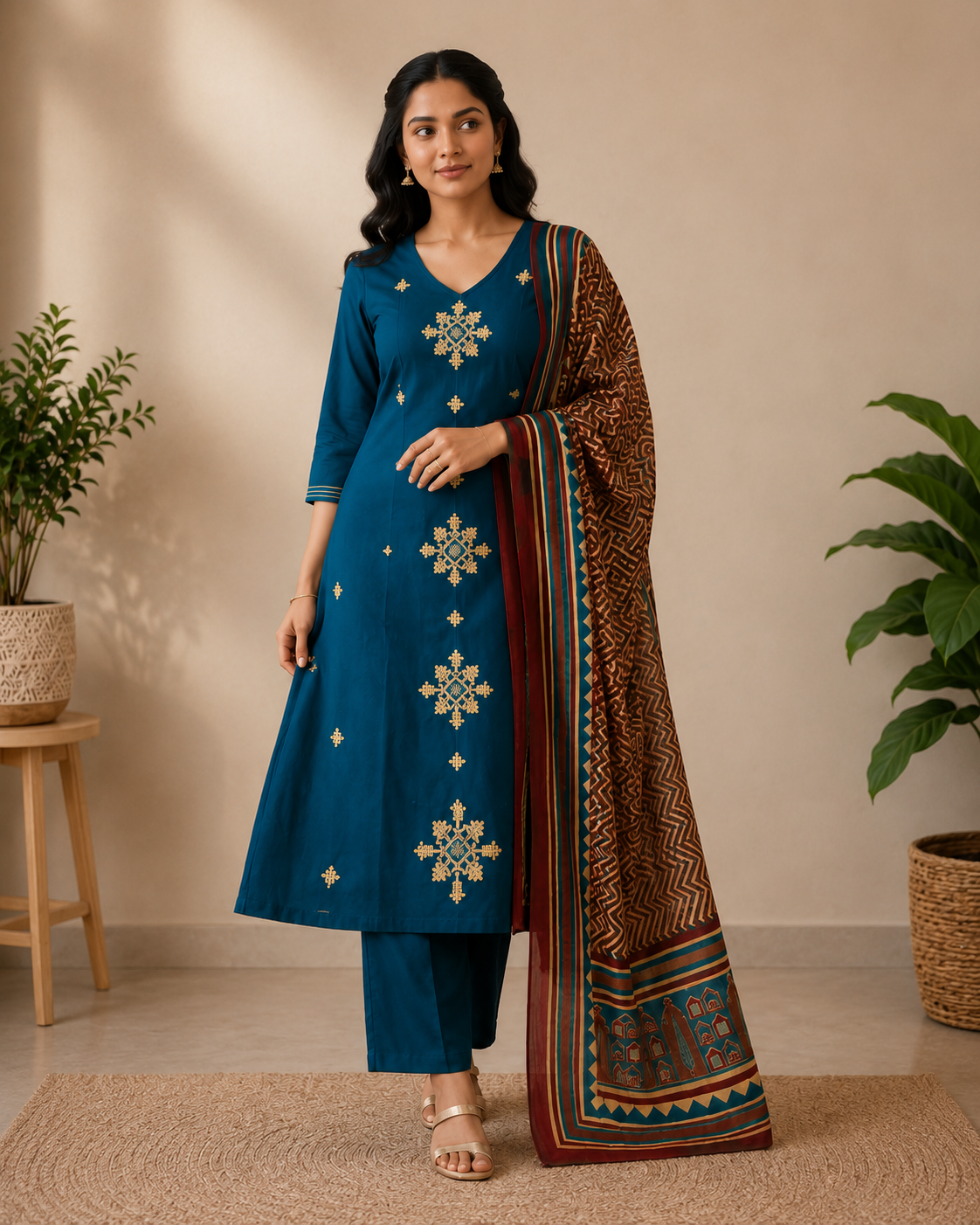 Royal Teal Heritage Cotton Kurti Set