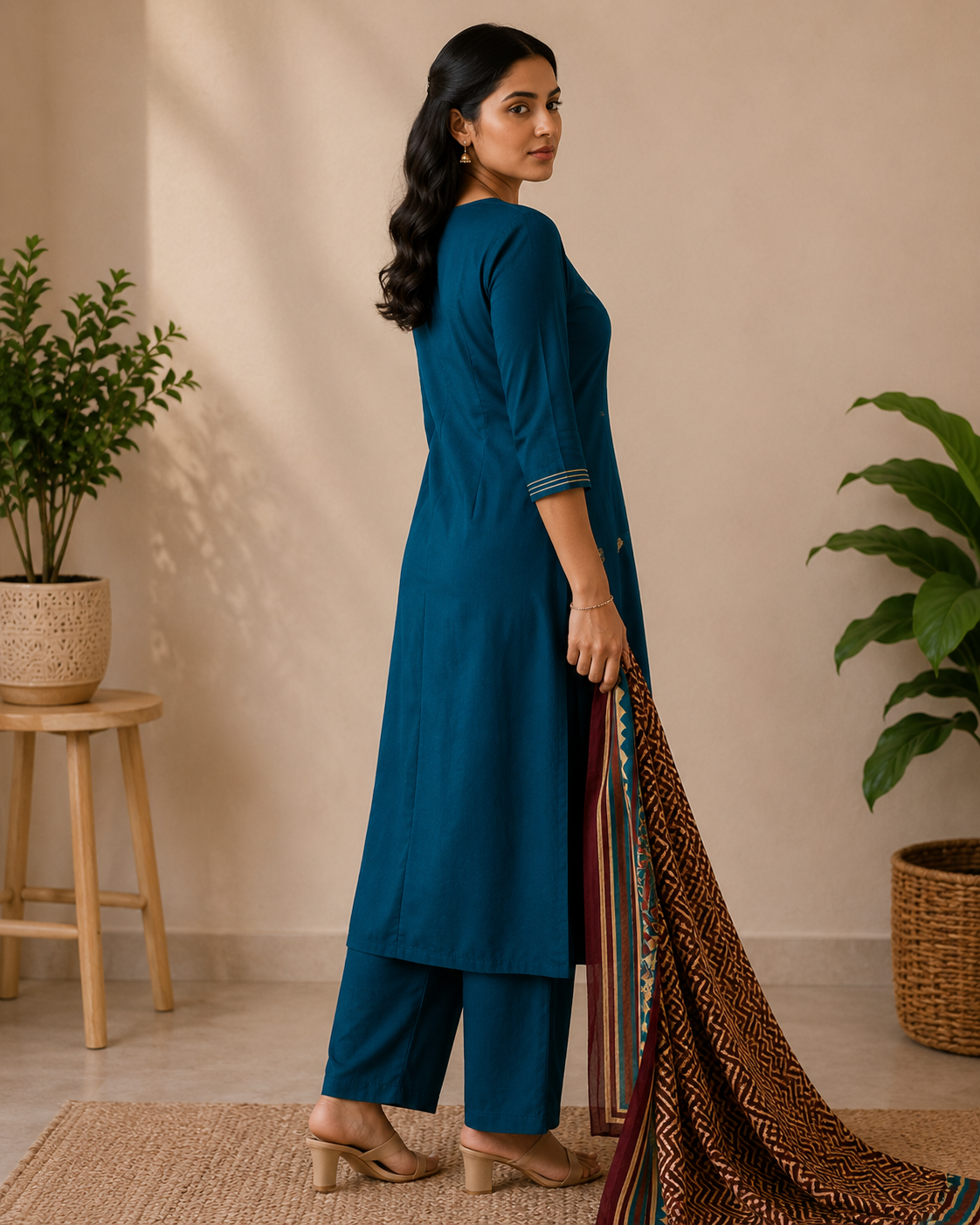 Royal Teal Heritage Cotton Kurti Set