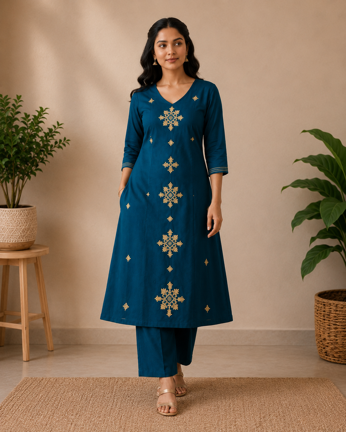 Royal Teal Heritage Cotton Kurti Set