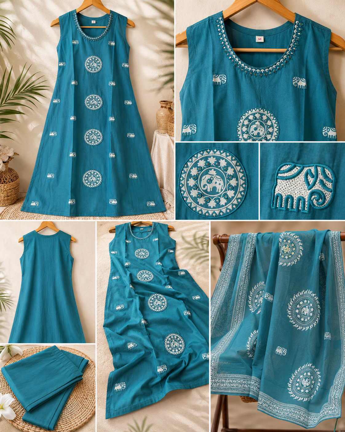 Teal Elephant Elegance Cotton Kurti Set | Sleeves Attached