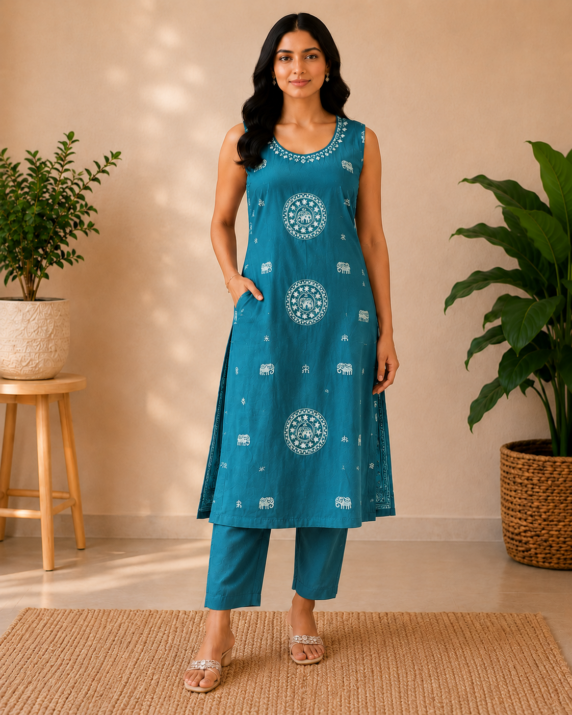 Teal Elephant Elegance Cotton Kurti Set | Sleeves Attached