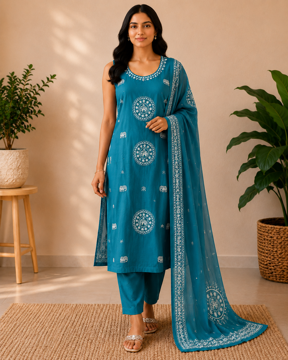 Teal Elephant Elegance Cotton Kurti Set | Sleeves Attached