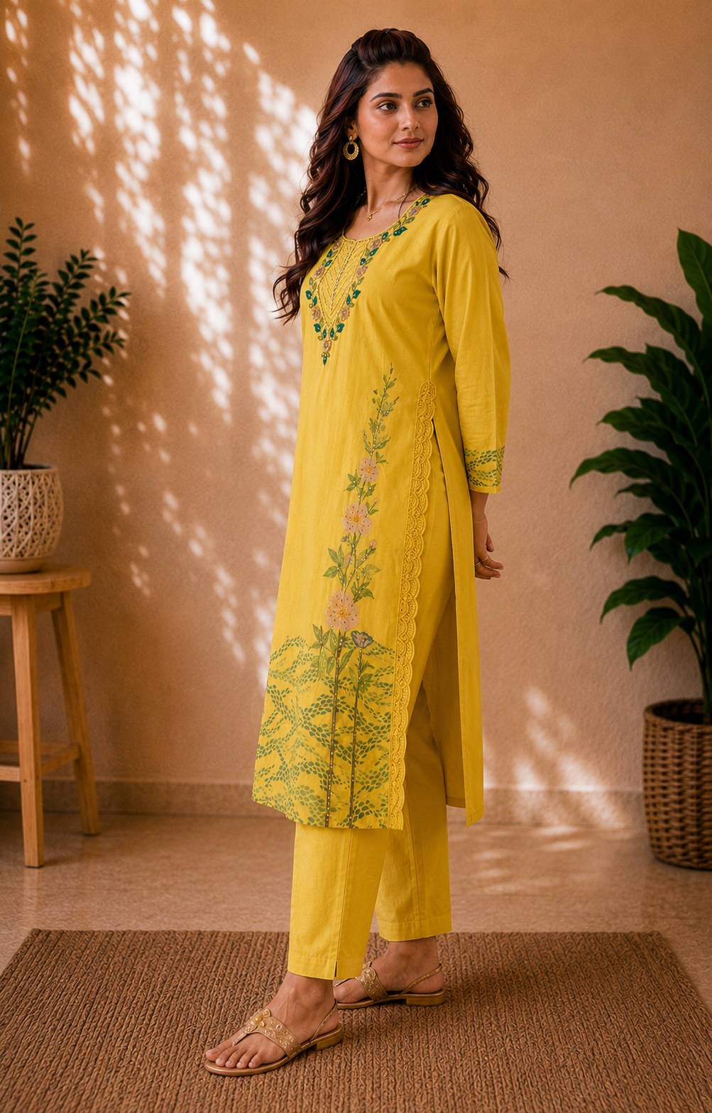 Designer Heritage Hand-Embroidered Cotton Kurti Set