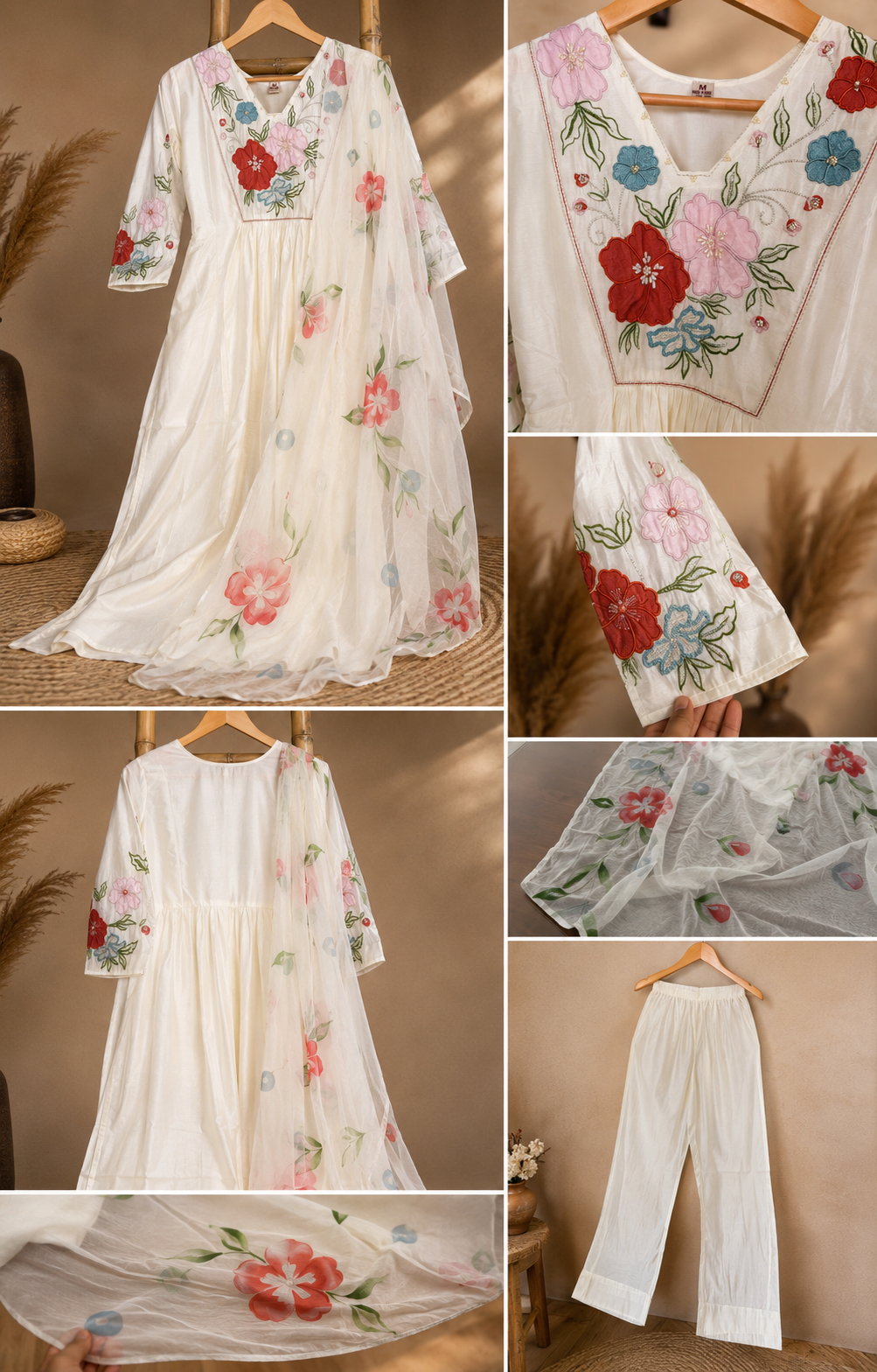 Ivory Blossom Premium Mul Chanderi Embroidered Kurti Set