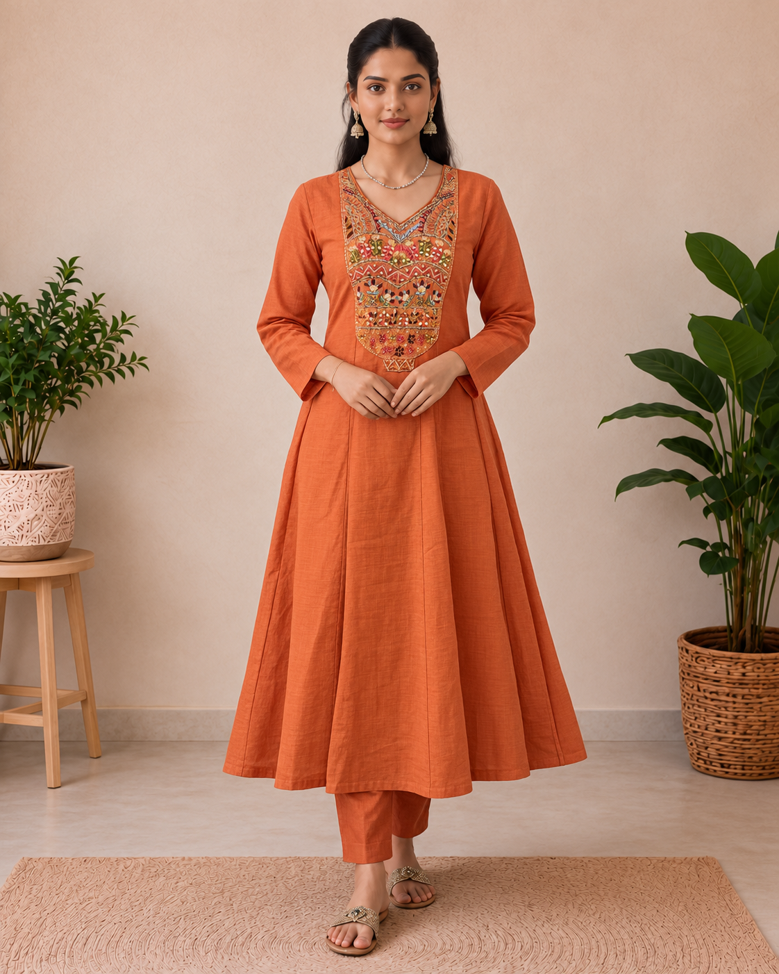 Rust Orange Premium Mul Chanderi Designer Kurti Set with Concealed side zip for easy wear & a comfortable fit.