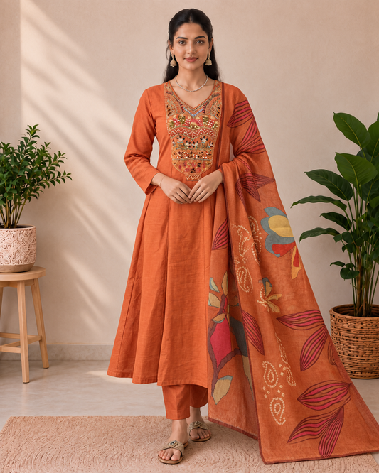 Rust Orange Premium Mul Chanderi Designer Kurti Set with Concealed side zip for easy wear & a comfortable fit.