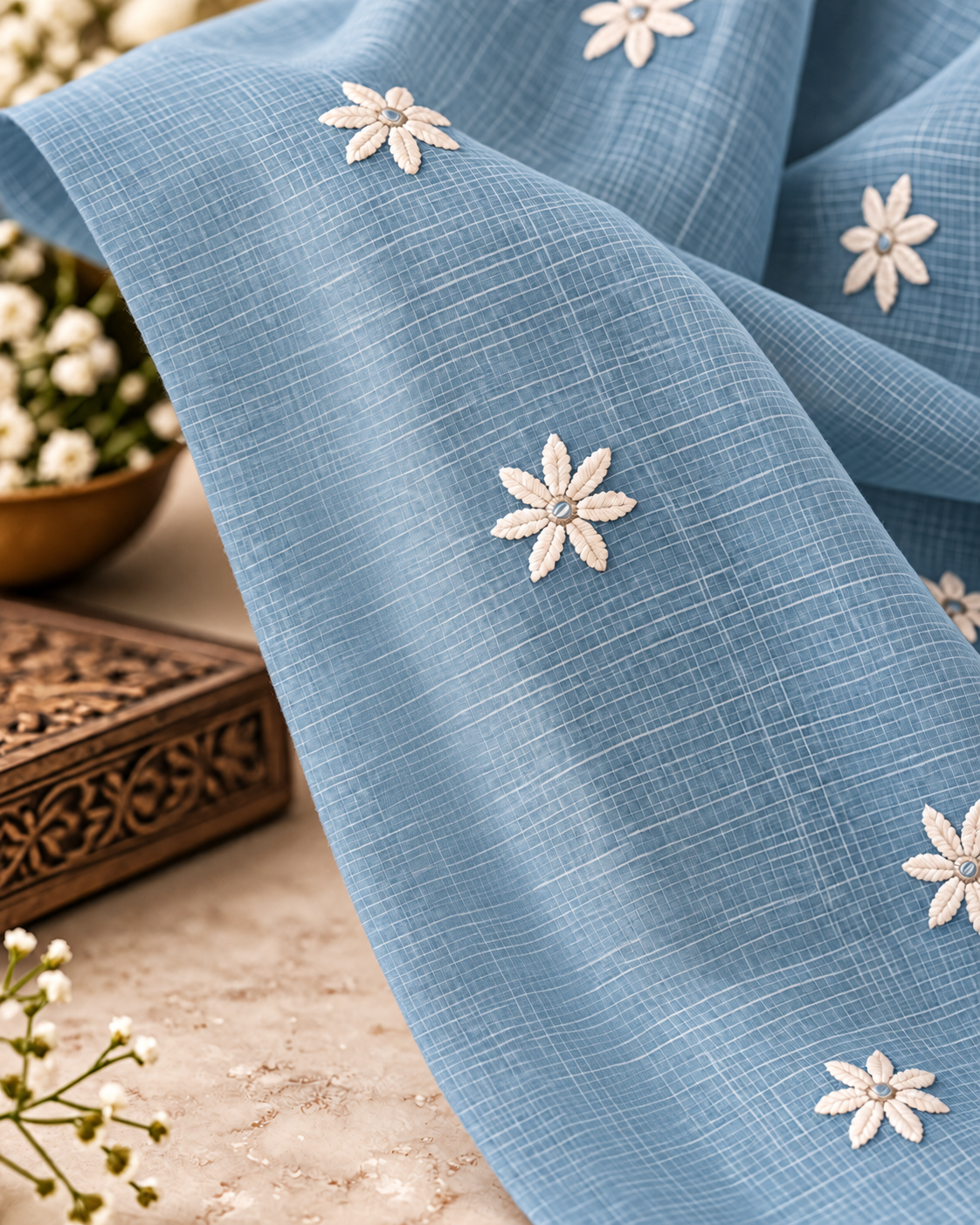 Mist Blue Kota Check Embroidered 3-Piece Kurti Set