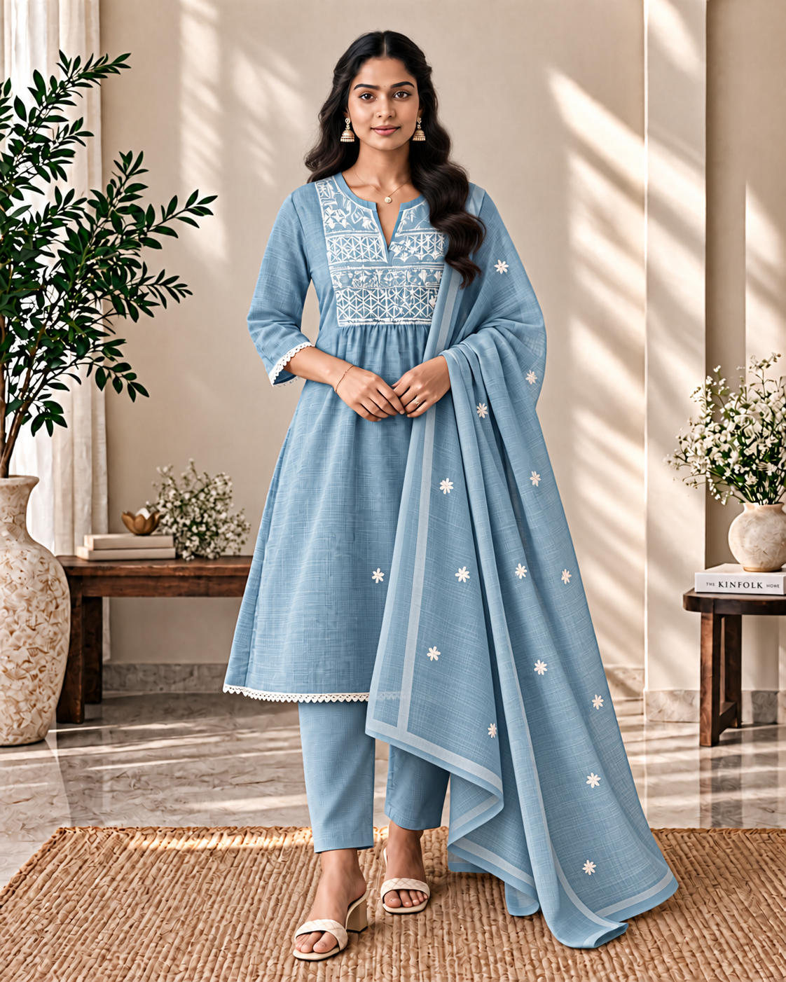 Mist Blue Kota Check Embroidered 3-Piece Kurti Set