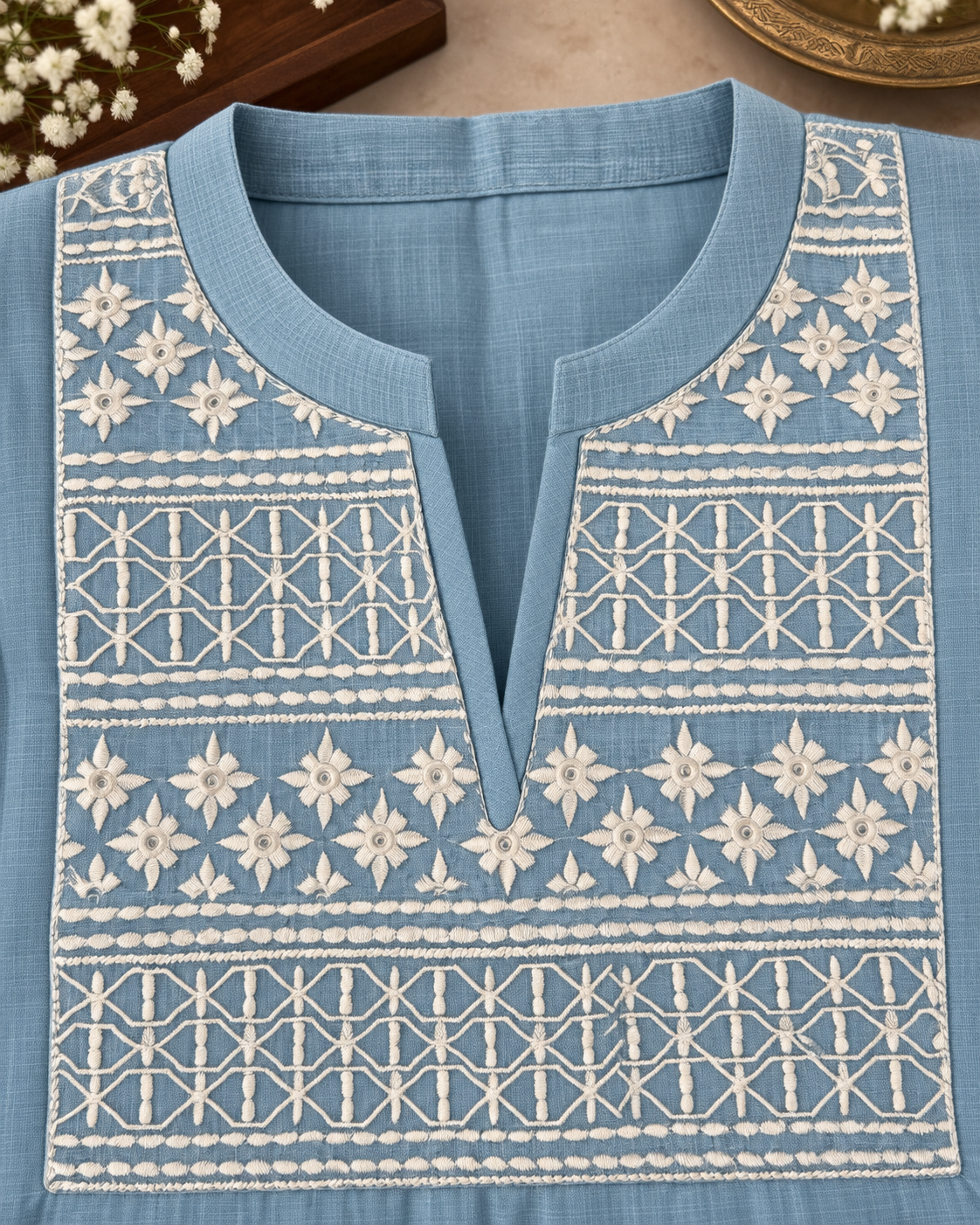Mist Blue Kota Check Embroidered 3-Piece Kurti Set