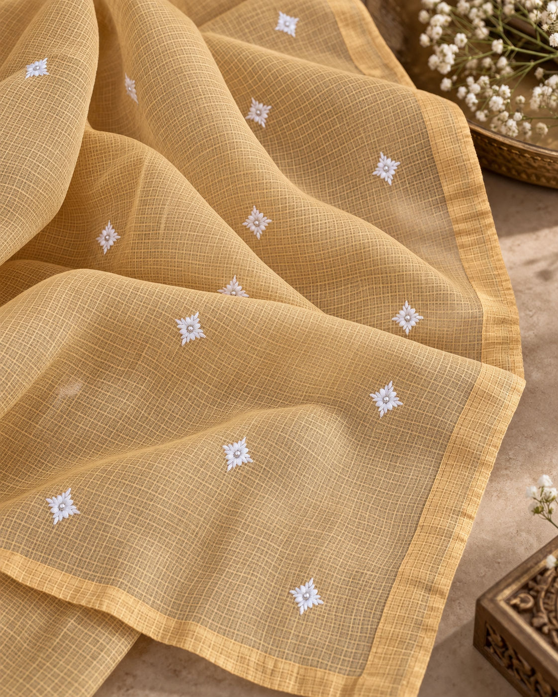 Antique Gold Kota Check Embroidered Kurti Set