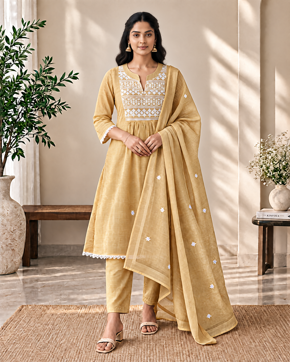 Antique Gold Kota Check Embroidered Kurti Set